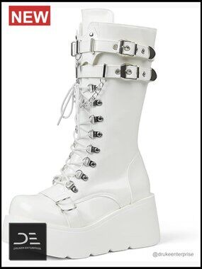 Wedge Combat Boots Chunky Heel Lace Up Mid Calf Punk Motorcycle Shoes